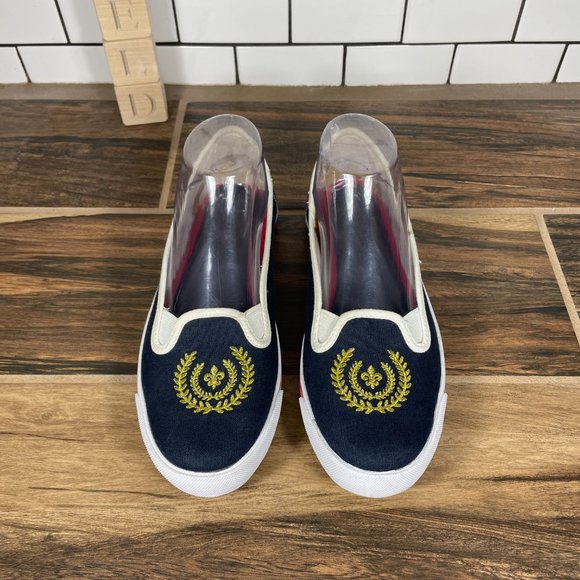 Talbots Women's Size 7.5 Shoes Blue Canvas Gold Crested Slip On Comfort Flats - Picture 13 of 14